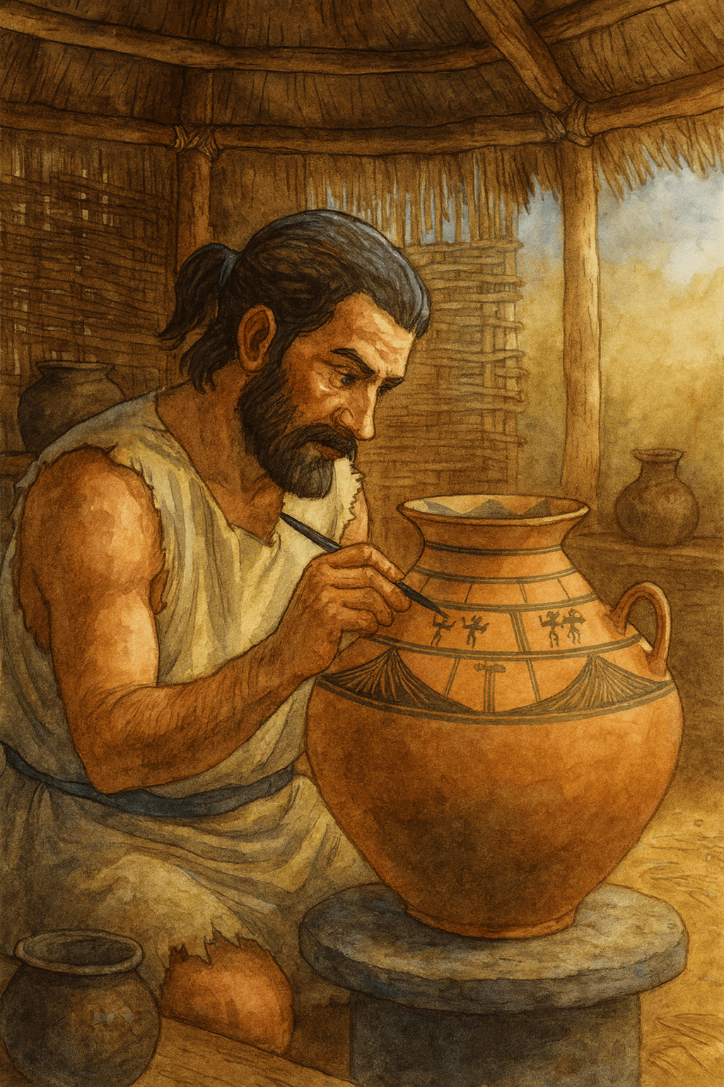 Ricostruzione grafica dell’attività di realizzazione di un vaso enotrio (generata con intelligenza artificiale).